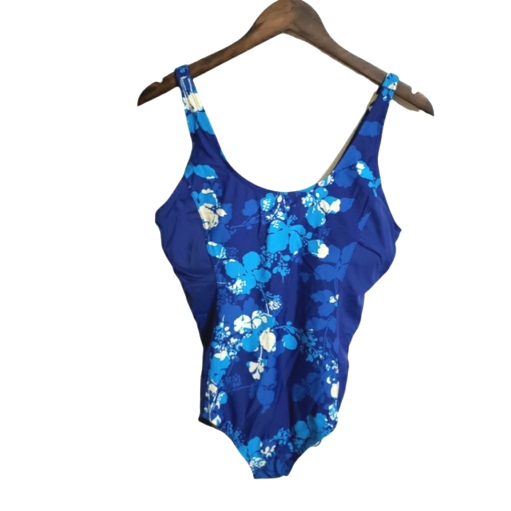 Tropical Escape Blue and White Floral Print Swimsuit Women's Size 16 NWOT